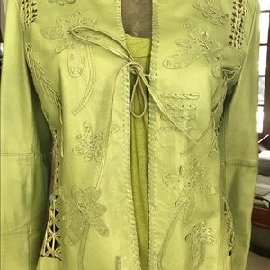 ANNE KLEIN Leather Jacket Jkt Green Appliqué  sz S
